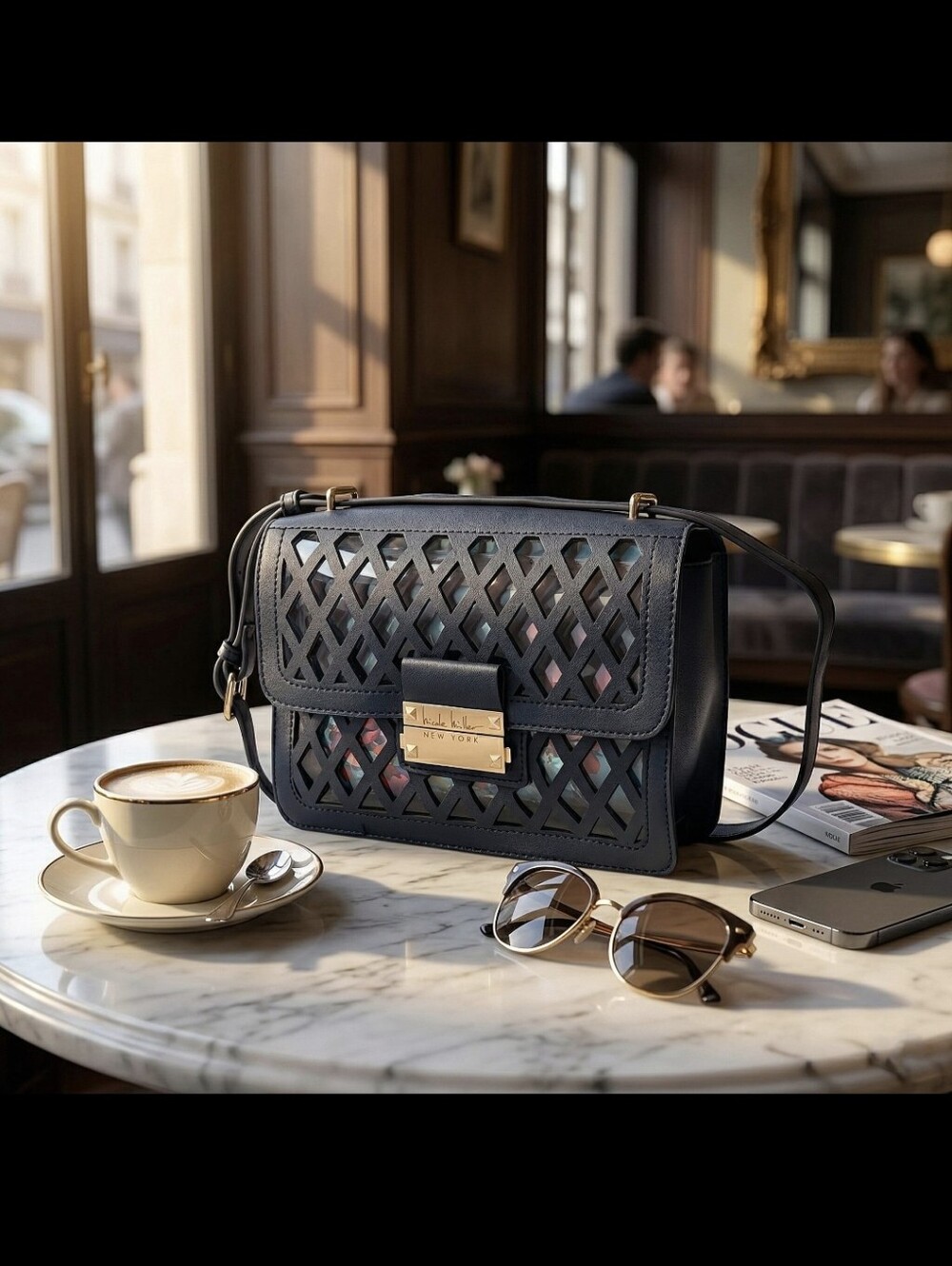 NICOLE MILLER Crosshatch Boxed Crossbody in Floral/Navy
